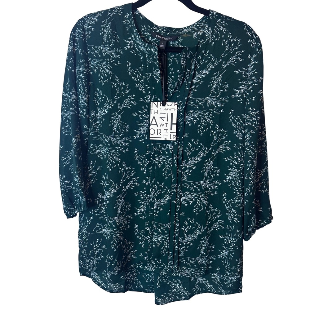 NEW 41 Hawthorne Green White Leaf Print Tunic Blouse Long Sleeve Tie Neck Medium